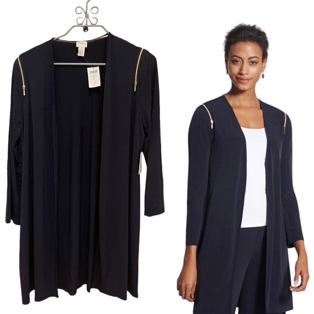 NWT Chico's Blue Ink Knit Kit Drama Zipper Long Sleeve Jacket - Size 2 12/14